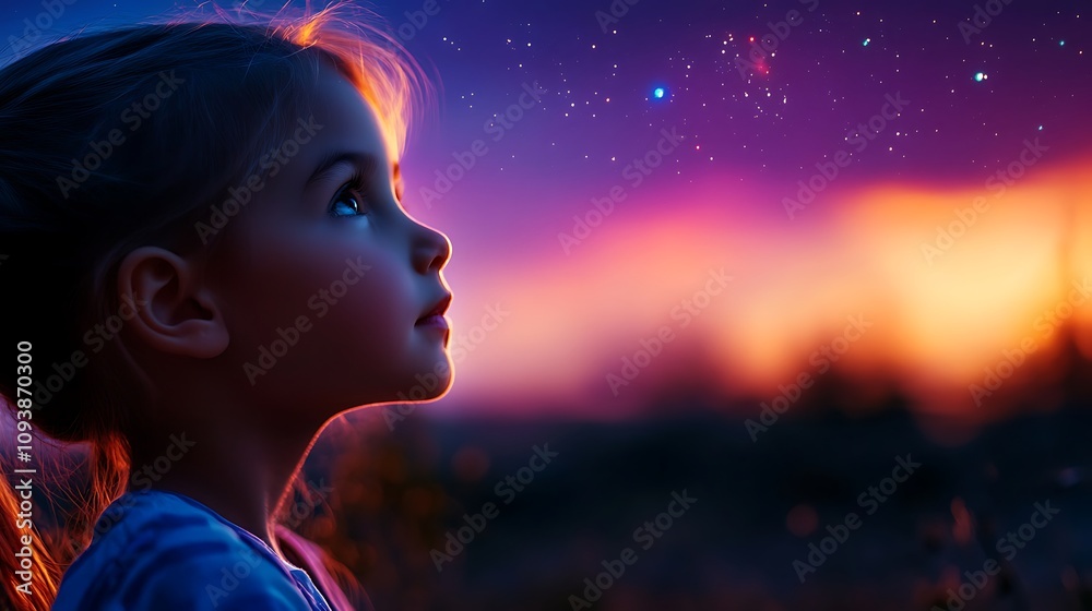 A child gazes at a starry sky, evoking wonder and imagination. A child gazes at a starry sky, evoking wonder and imagination.