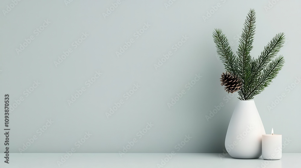 Minimalist office corner with subtle Christmas touches like a pine sprig in a vase and soft candlelight Minimalist office corner with subtle Christmas touches like a pine sprig in a vase and soft candlelight