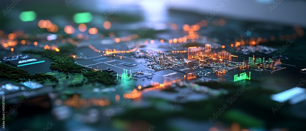 A detailed, illuminated model of an industrial landscape at night. A detailed, illuminated model of an industrial landscape at night.
