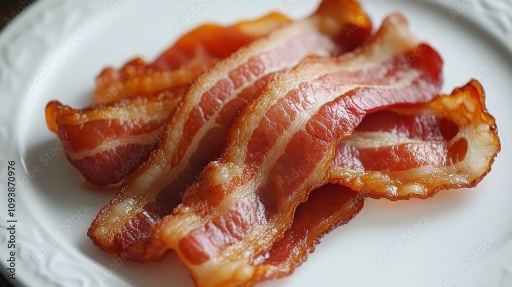 Crispy Bacon Strips on White Plate Perfectly Cooked Breakfast Delicacy Ideal for Gastronomic Photography and Culinary Inspiration Crispy Bacon Strips on White Plate Perfectly Cooked Breakfast Delicacy Ideal for Gastronomic Photography and Culinary Inspiration