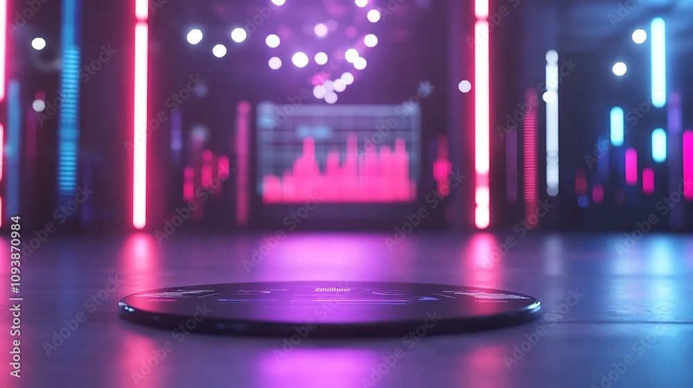 A futuristic scene with glowing lights and a circular object. A futuristic scene with glowing lights and a circular object.