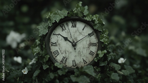 Wallpaper Mural Clock surrounded by green ivy in a tranquil garden, symbolizing the passage of time and nature's embrace Torontodigital.ca