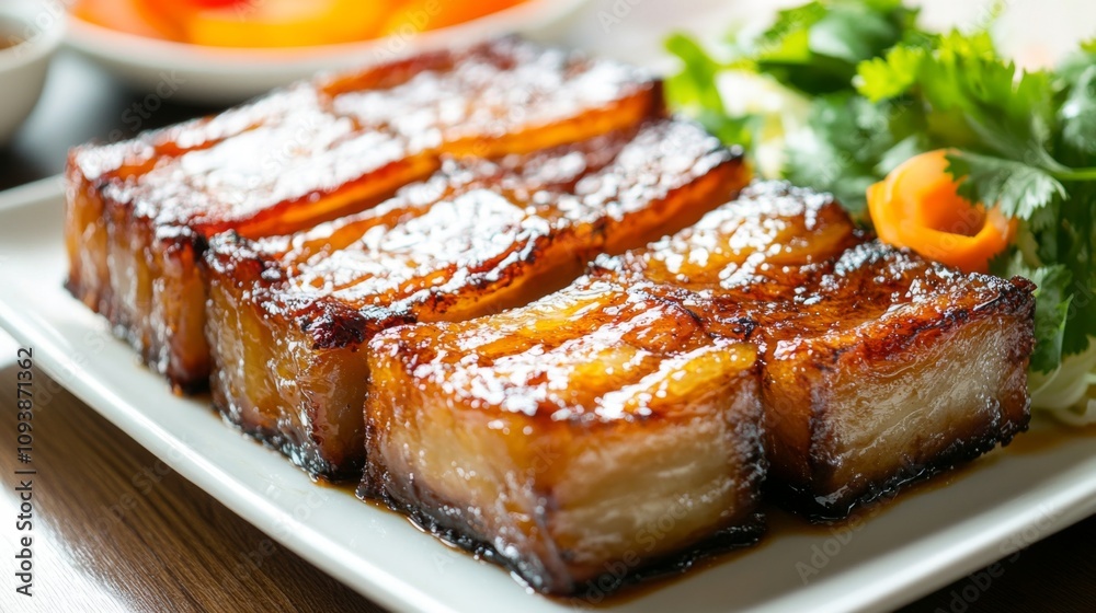Deliciously Glazed Pork Belly with Crispy Surface Served on a White Plate Accompanied by Fresh Greens and Colorful Vegetables for a Gourmet Experience Deliciously Glazed Pork Belly with Crispy Surface Served on a White Plate Accompanied by Fresh Greens and Colorful Vegetables for a Gourmet Experience