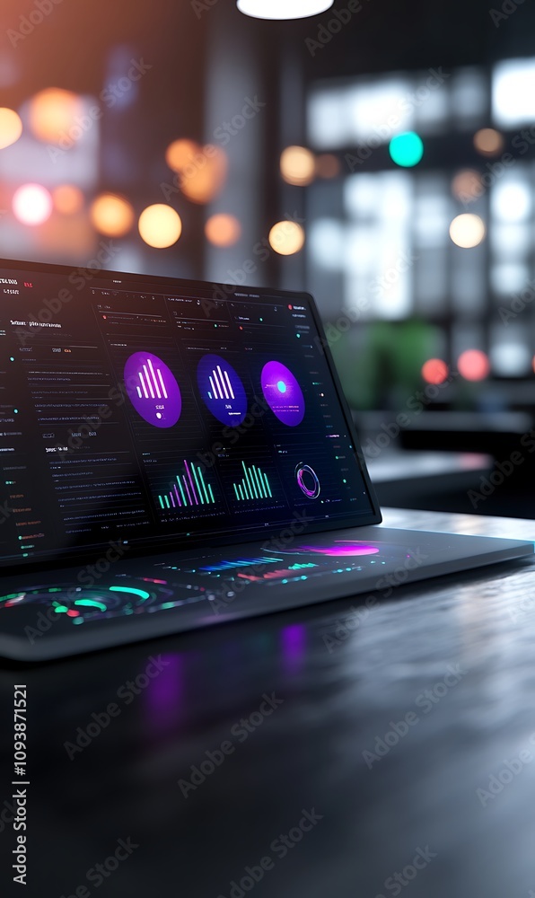 A laptop displaying colorful data visualizations and analytics. A laptop displaying colorful data visualizations and analytics.