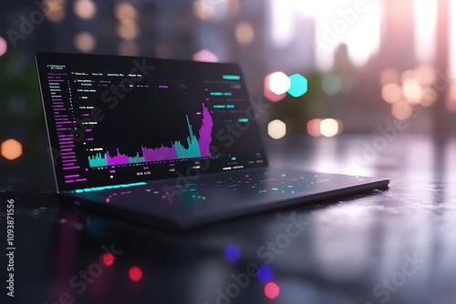 A laptop displaying colorful data visualizations and graphs.