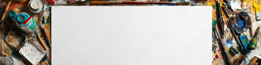 A blank canvas with various tools surrounding it, waiting for inspiration to strike.