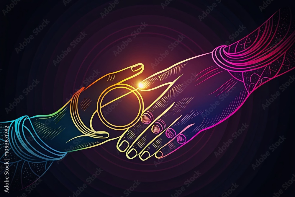 Fototapeta premium Elegant Line Art Illustration of Interlocked Hands Wearing Wedding Rings with Ample Copy Space for Text or Branding Use in Romantic and Wedding-Themed Settings