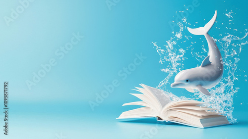 dolphin joyfully leaps out of water, playfully interacting with open book, set against serene blue background photo