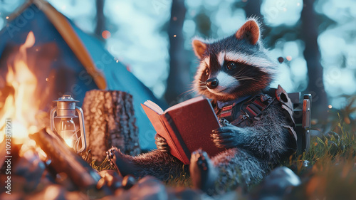 raccoon sits by campfire, reading book with backpack nearby, surrounded by forest and tent, creating cozy and adventurous atmosphere