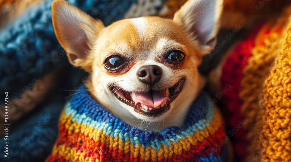 Happy chihuahua wearing a colorful sweater enjoys cozy moments indoors Happy chihuahua wearing a colorful sweater enjoys cozy moments indoors