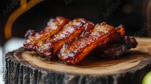 Deliciously Grilled Slices of Meat on Rustic Wooden Board Showing Caramelized Texture and Juicy Appearance for Mouthwatering Culinary Displays