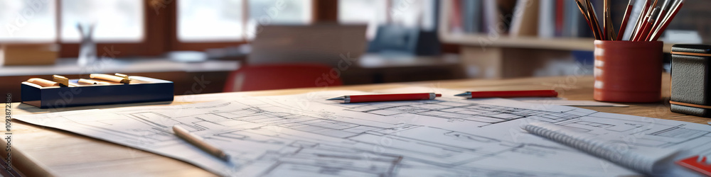 Red, White, and Blueprint: Architect's desk covered in USA-themed design plans. Red, White, and Blueprint: Architect's desk covered in USA-themed design plans.