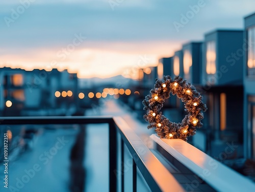 Sleek urban townhouse with a single strand of white lights along the railing and a plain wreath photo