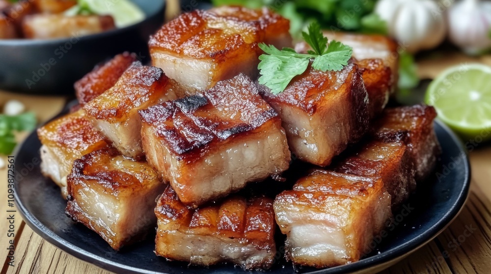 Crispy Pork Belly Cubes Garnished with Fresh Herbs Served on Black Plate with Lime and Garlic in Rustic Kitchen Setting Crispy Pork Belly Cubes Garnished with Fresh Herbs Served on Black Plate with Lime and Garlic in Rustic Kitchen Setting