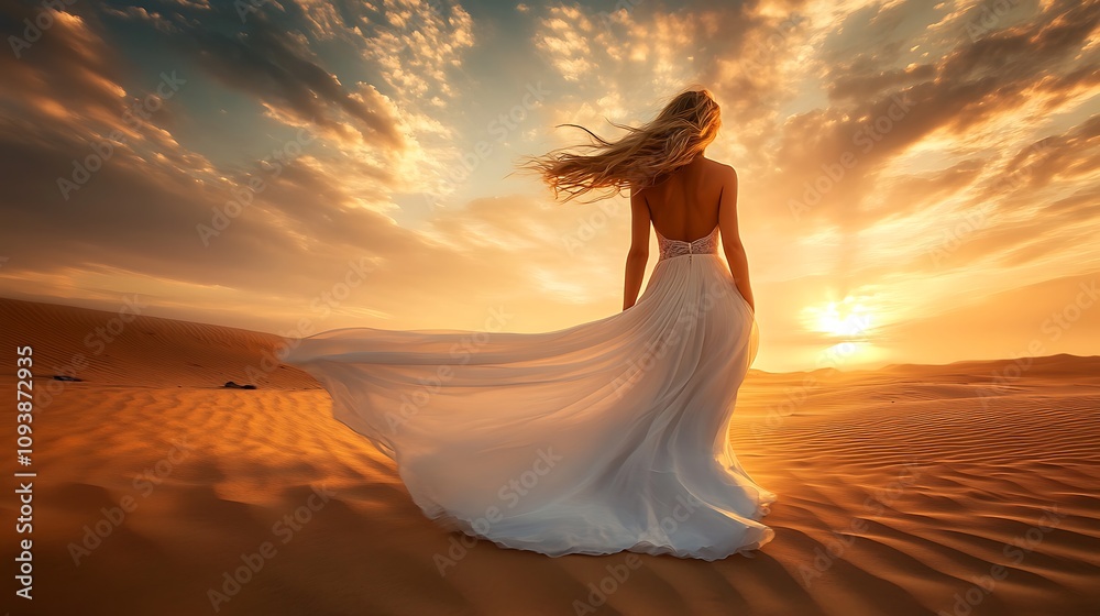 A woman in a flowing white dress stands in a desert at sunset. A woman in a flowing white dress stands in a desert at sunset.