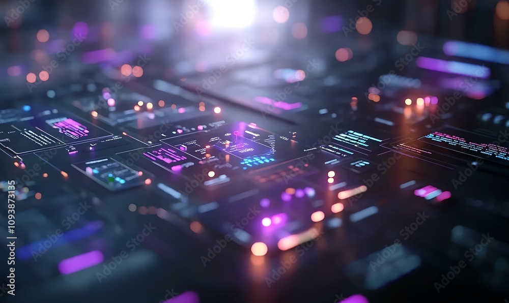 Abstract digital circuit board with glowing elements and colors. Abstract digital circuit board with glowing elements and colors.