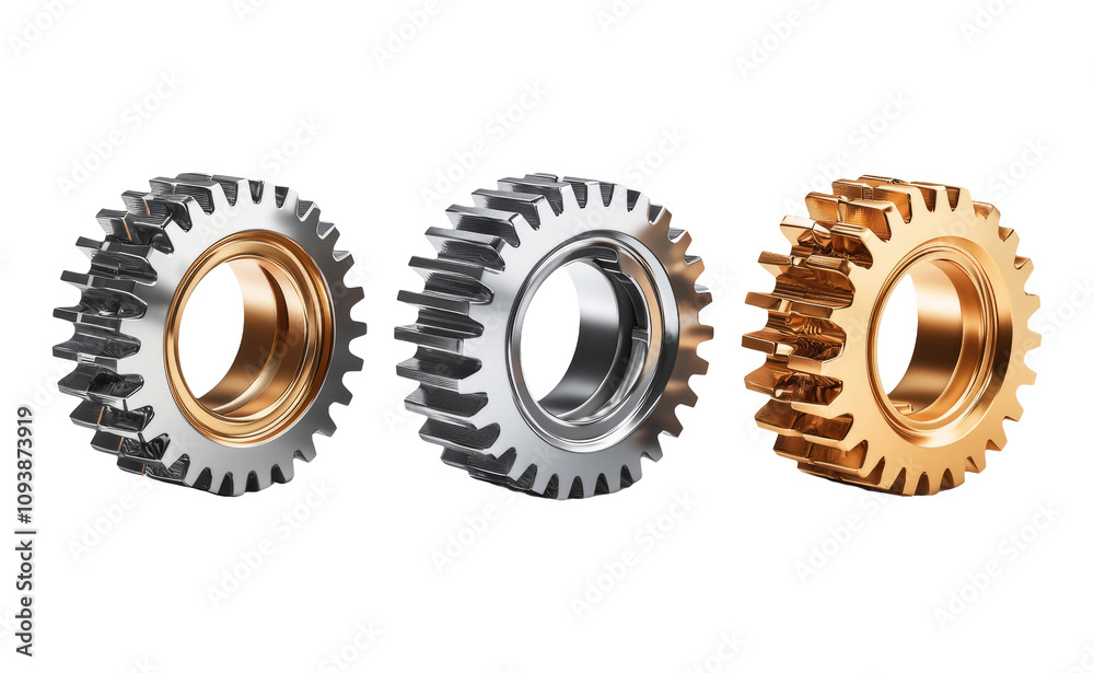 Three Industrial Gears with Metallic Finishes Three Industrial Gears with Metallic Finishes