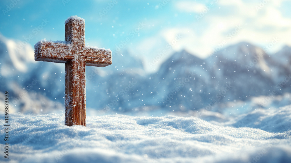 wooden cross stands tall against a blurred snow-covered background symbolizing faith solitude and resilience amidst harsh conditions the simplicity of the scene evokes contemplation and peace wooden cross stands tall against a blurred snow-covered background symbolizing faith solitude and resilience amidst harsh conditions the simplicity of the scene evokes contemplation and peace