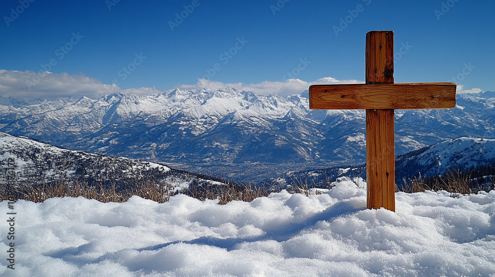 wooden cross stands tall against a blurred snow-covered background symbolizing faith solitude and resilience amidst harsh conditions the simplicity of the scene evokes contemplation and peace wooden cross stands tall against a blurred snow-covered background symbolizing faith solitude and resilience amidst harsh conditions the simplicity of the scene evokes contemplation and peace