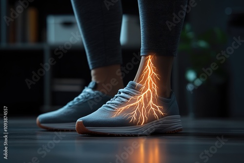 Depiction of nerve pain and fatigue: a person with exhausted legs, showing physical strain of nerve pain, focusing on discomfort and heaviness that comes with persistent aching in the lower body.