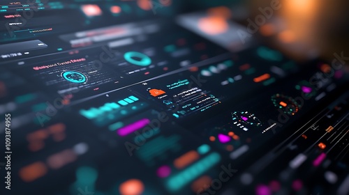 Digital dashboard displaying data analytics and visualizations.