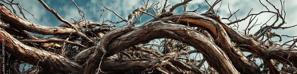 Twisted Bramble: A tangled mess of thorny branches, twisted and turned into a surreal sculpture, seemingly reaching for the sky.