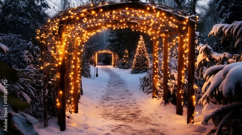 Enchanted Winter Pathway Adorned with Twinkling Lights and Snow-Covered Trees Creating a Magical Winter Wonderland Scene for Holidays and Celebrations