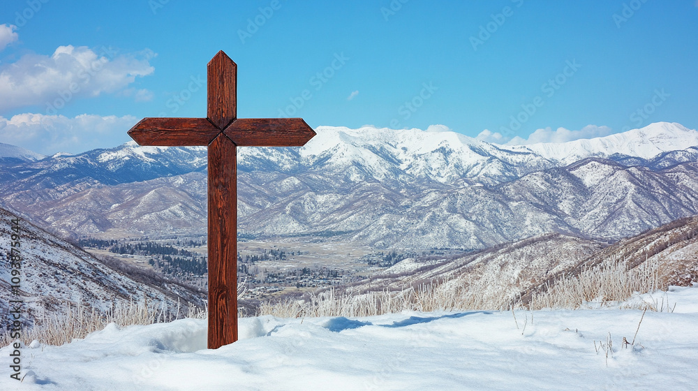 wooden cross stands tall against a blurred snow-covered background symbolizing faith solitude and resilience amidst harsh conditions the simplicity of the scene evokes contemplation and peace wooden cross stands tall against a blurred snow-covered background symbolizing faith solitude and resilience amidst harsh conditions the simplicity of the scene evokes contemplation and peace