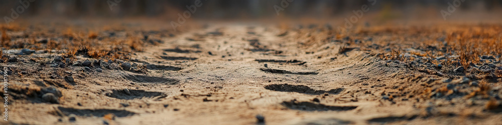 Ephemeral Tracks: Fading hoofprints disappear into the distance, telling a story of movement and passage through the dusty terrain. Ephemeral Tracks: Fading hoofprints disappear into the distance, telling a story of movement and passage through the dusty terrain.