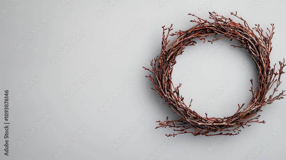 Fototapeta premium Clean and modern wreath made of thin birch branches, isolated on plain background, Christmas wreath, contemporary holiday decor