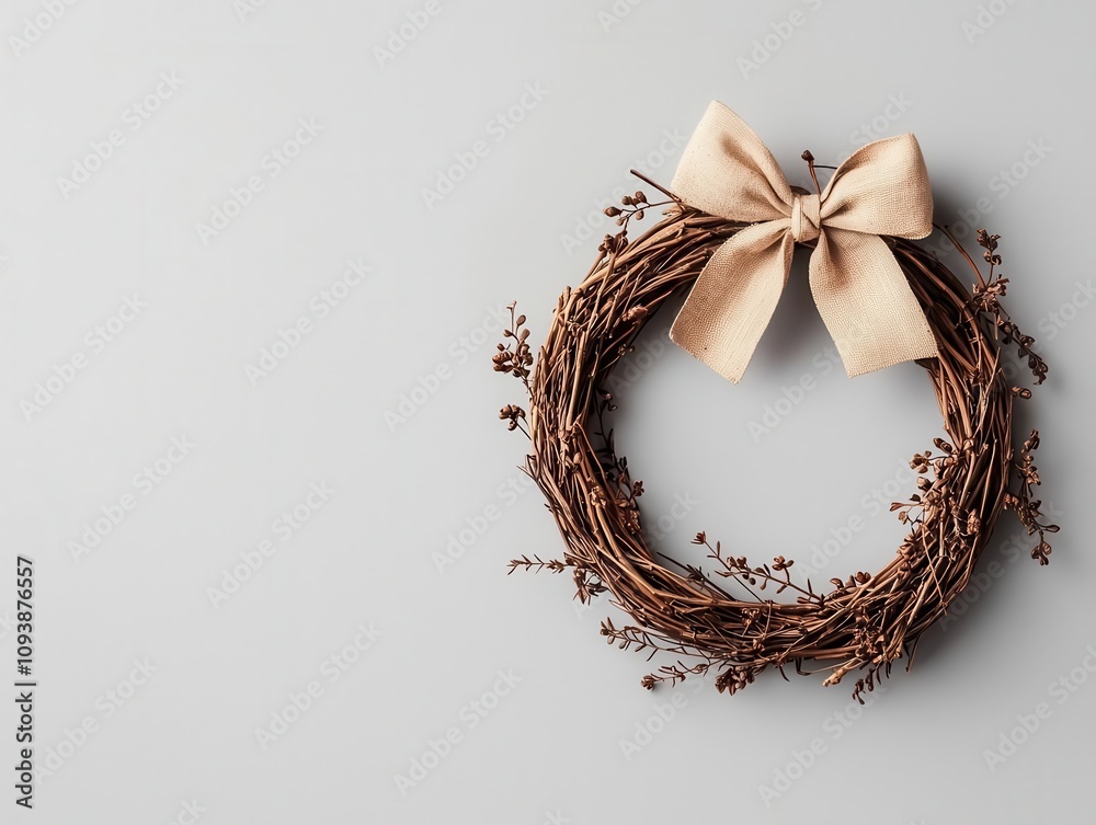Bare twig wreath with only a small bow tied on top, isolated, Christmas wreath, minimal holiday style Bare twig wreath with only a small bow tied on top, isolated, Christmas wreath, minimal holiday style