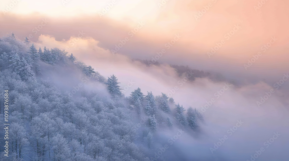 Mysterious Atmosphere of a Snowy Forest against a Twilight Sky with Hazy Trees and Soft Shadows Mysterious Atmosphere of a Snowy Forest against a Twilight Sky with Hazy Trees and Soft Shadows
