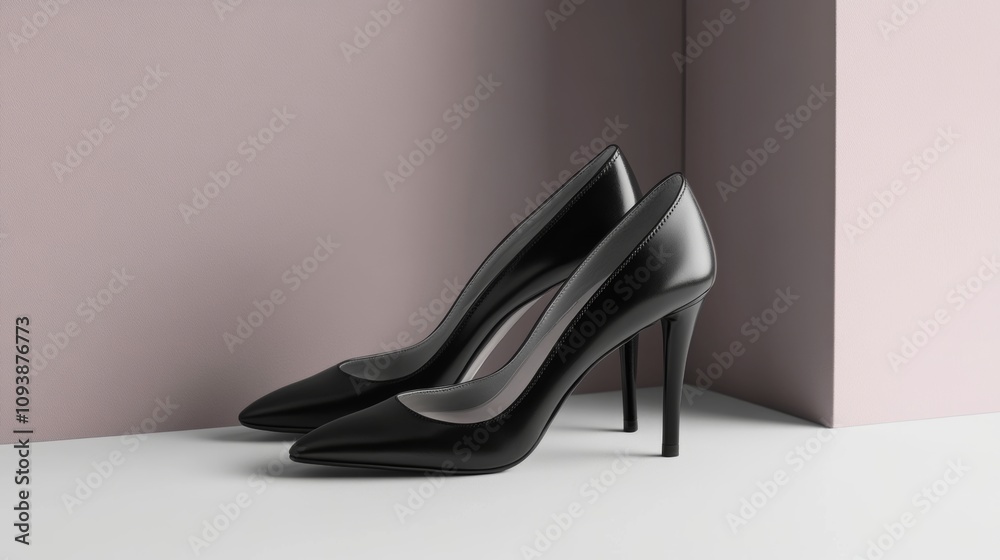 Elegant black high-heeled shoes showcasing luxury and style against a minimalist background Elegant black high-heeled shoes showcasing luxury and style against a minimalist background
