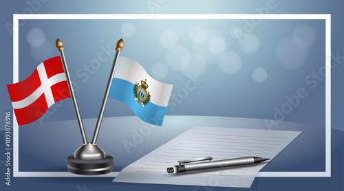 Denmark and San Marino, National flags on small table with bokeh background, cooperative relationship