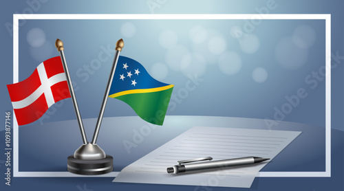 Denmark and Solomon Islands National flags on small table with bokeh background, cooperative relationship