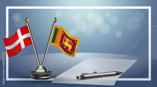 Denmark and Sri Lanka National flags on small table with bokeh background, cooperative relationship