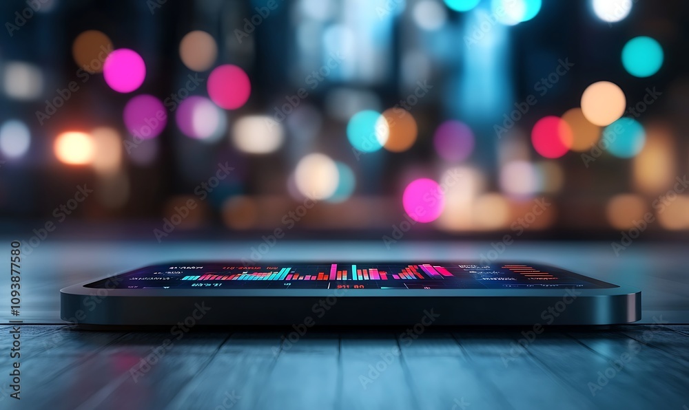 Smartphone displaying data analytics against a blurred urban backdrop. Smartphone displaying data analytics against a blurred urban backdrop.