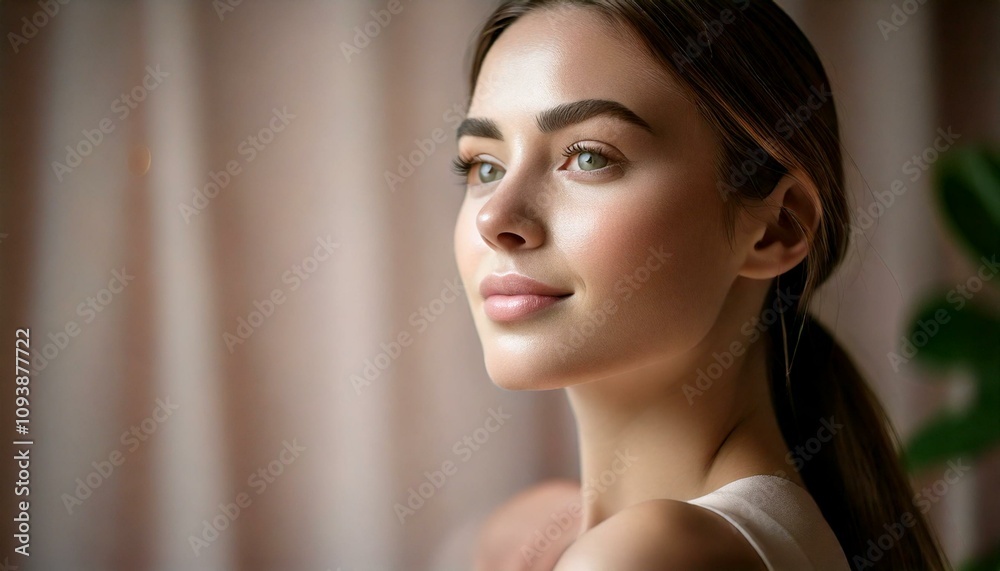 Naklejka premium Young and Beautiful woman with clear skin, natural make-up, Skincare and facial treatment concept