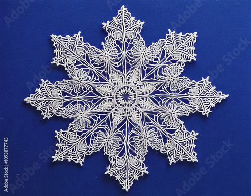 White Crocheted Snowflake on Royal Blue Background AI