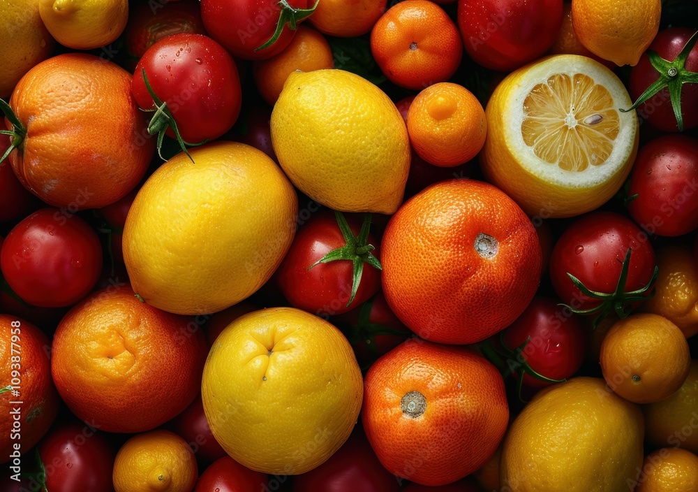 Assorted vibrant fruits including lemons, oranges, and tomatoes arranged in a colorful display on a dark background, showcasing freshness and variety. Assorted vibrant fruits including lemons, oranges, and tomatoes arranged in a colorful display on a dark background, showcasing freshness and variety.