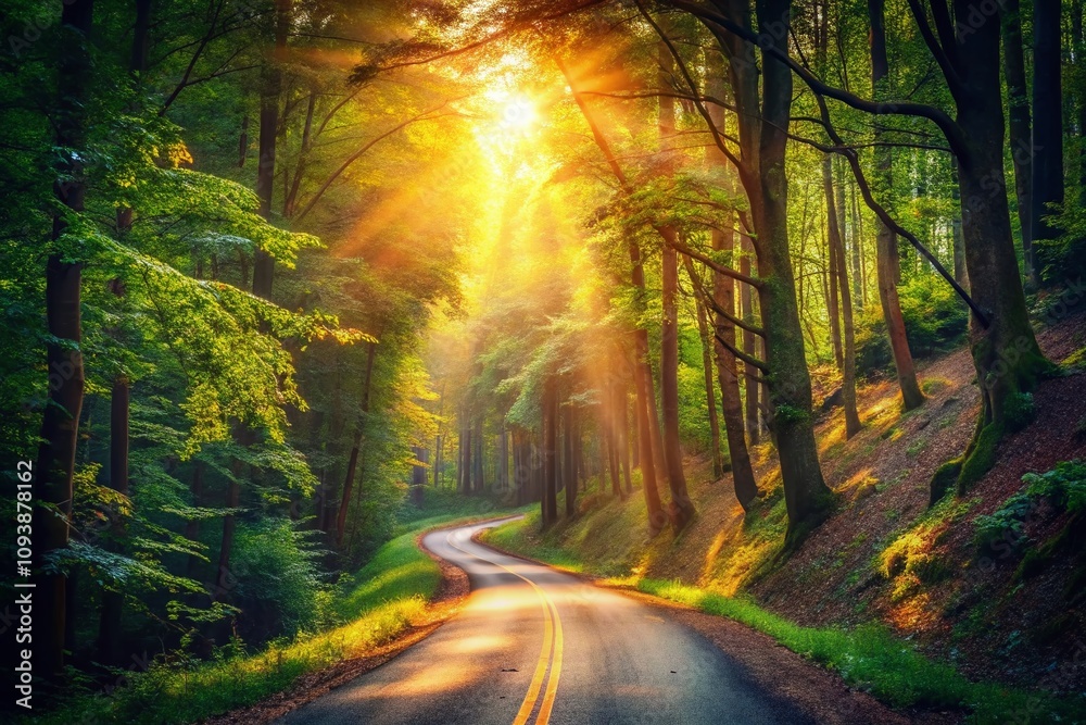Obraz premium Enchanted Journey: A Vintage Style Photograph of a Lonely Magical Road Through a Sunlit Forest, Inviting Exploration and Wonder in Nature’s Embrace