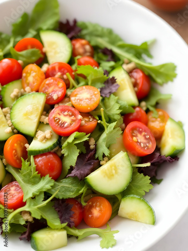 Fresh green salad with mixed leafy greens, sliced avocado, cherry tomatoes, cucumber, and sprinkled nuts, arranged beautifully in a white ceramic bowl with ingredients surrounding it