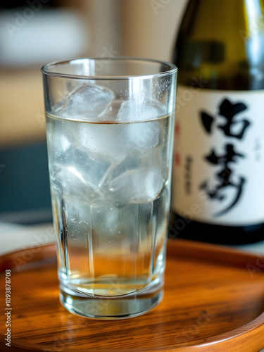 A chilled glass of Japanese sake with condensation, set on a lacquered tray beside a traditional ceramic sake bottle.