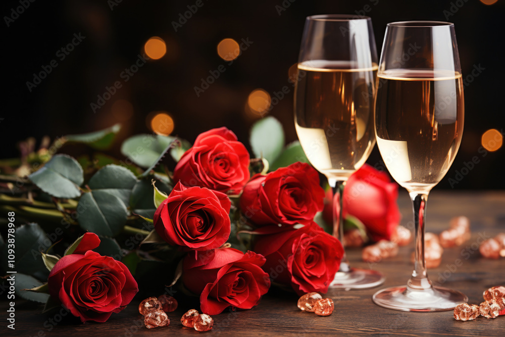 Valentines day table setting red roses and champagne glasses on concrete background. Valentine's greeting card - Image. Valentines day table setting red roses and champagne glasses on concrete background. Valentine's greeting card - Image.