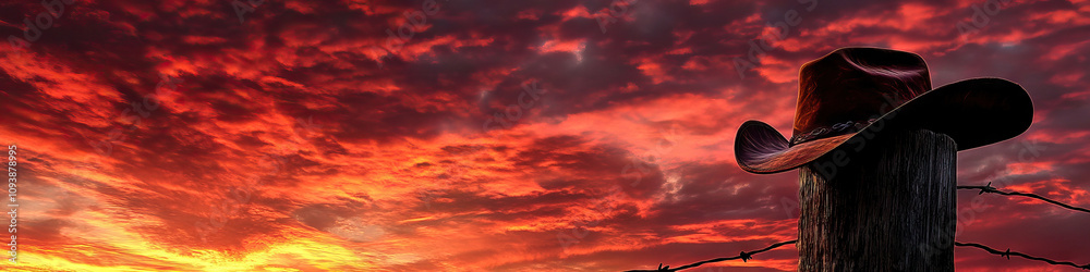 Obraz premium Blazing Sunset: Vivid colors streak across the sky as the sun dips below the horizon, casting a warm glow over a cowboy hat on a fence post.