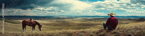 Lonesome Cowboy: A solitary cowboy sits atop a hill, gazing out over the vast expanse before him, his trusty horse grazing nearby.