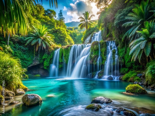 Enchanting Cascade Te Vaiuri in Afareaitu: A Serene Tropical Paradise Surrounded by Lush Greenery and Crystal Clear Waters, Perfect for Nature Lovers and Adventurers
