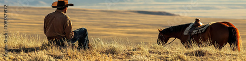 Lonesome Cowboy: A solitary cowboy sits atop a hill, gazing out over the vast expanse before him, his trusty horse grazing nearby.