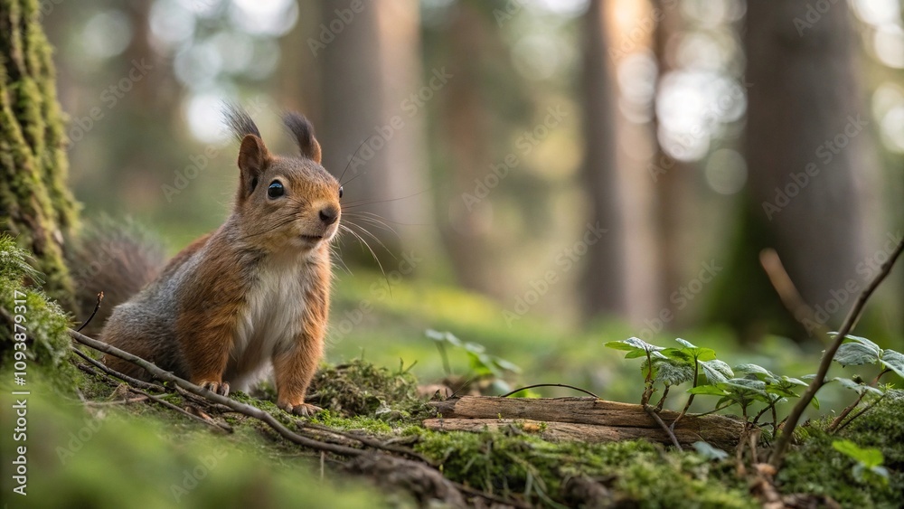 Forest squirrel looks directly at the camera, tree trunks, forest floor, sharp focus, wildlife photography, fur texture Forest squirrel looks directly at the camera, tree trunks, forest floor, sharp focus, wildlife photography, fur texture