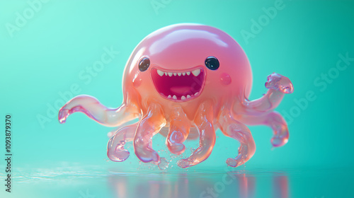 Joyful Pink Jelly Bean Creature, 3D Render, Happy, Running, Cute photo